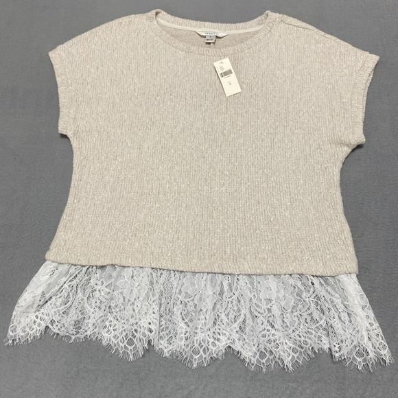 Maeve Tops - NWT Maeve Women's Medium Anthropologie Beige Knit Lace Hem Short Sleeve Top